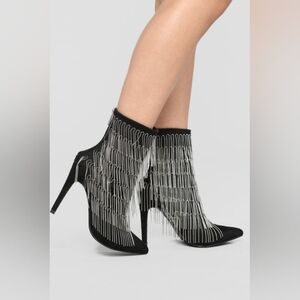 NOVA "Draped Desire" Chic Black Heeled Boots with Metallic Fringe